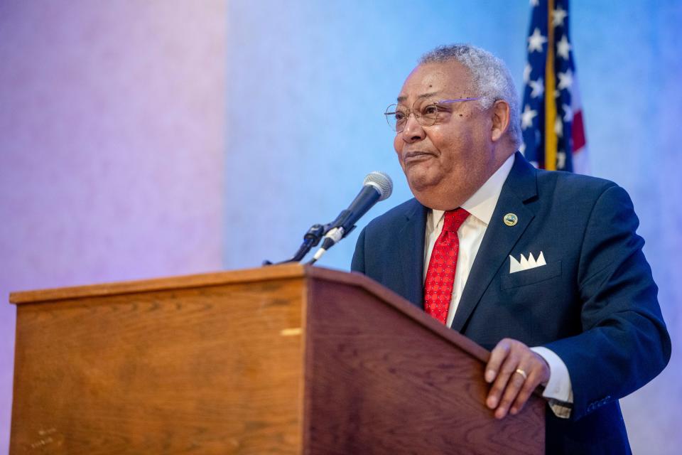 Buncombe County Commissioner Al Whitesides speaks during the MLK Jr. Prayer Breakfast in Asheville, January 13, 2024.