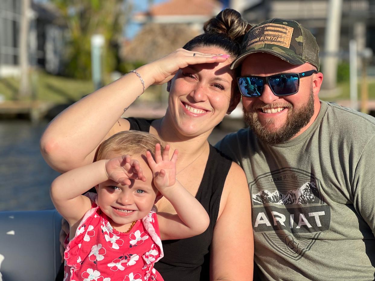 Kelsey Meadows, 33, and Nicholas Bezanson, 31, with their daughter, Hayden, 2. A trip to the doctor this week ended with hosptalization and a leukemia diagnosis. By Thursday, Aug. 18, 2023, Hayden had a bone marrow procedure, blood infusions, a central line placement procedure, and started chemotherapy