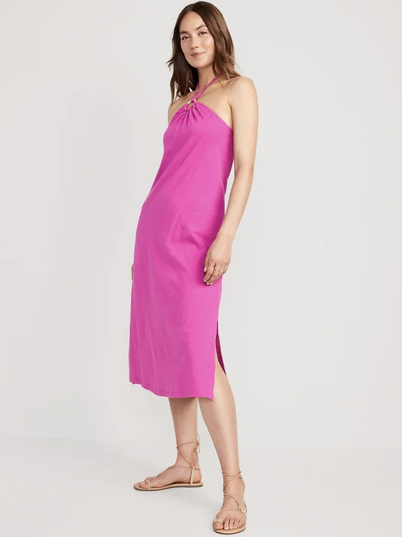 brunette woman wearing pink Slub-Knit Halter Midi Shift Dress (Photo via Old Navy)