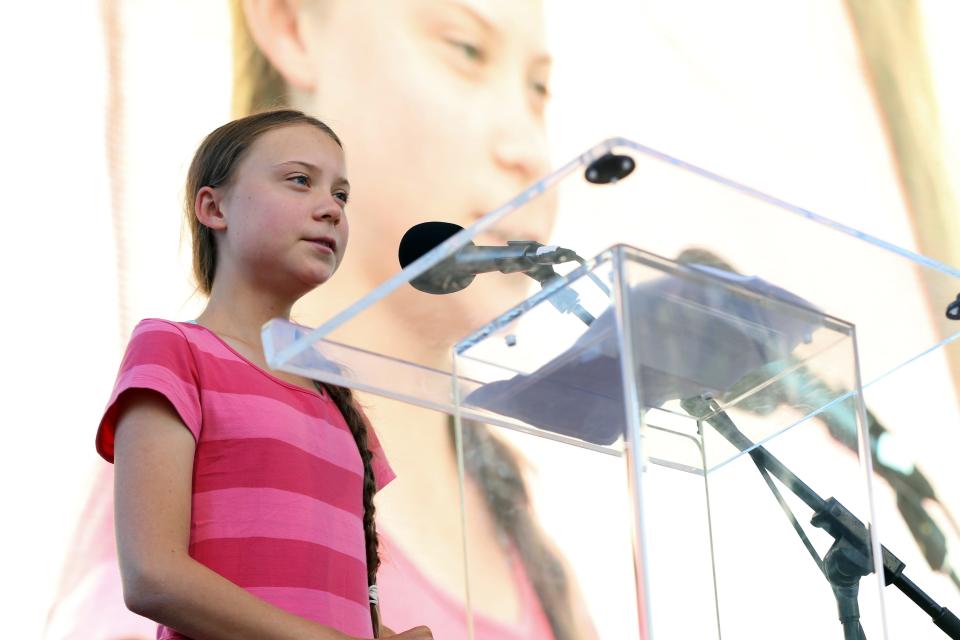 Greta Thunberg speaks at a rally on Friday Sept. 20, 2019 in New York. (AP Photo/Bennett Raglin)