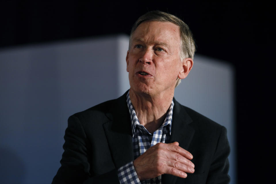 Democratic presidential candidate John Hickenlooper speaks during a presidential candidates forum sponsored by AARP and The Des Moines Register, Monday, July 15, 2019, in Des Moines, Iowa. (AP Photo/Charlie Neibergall)