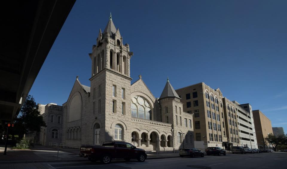 The historic First Baptist Church sanctuary building and part of the Hobson Block along West Church Street in downtown Jacksonville is shown in January 2021.