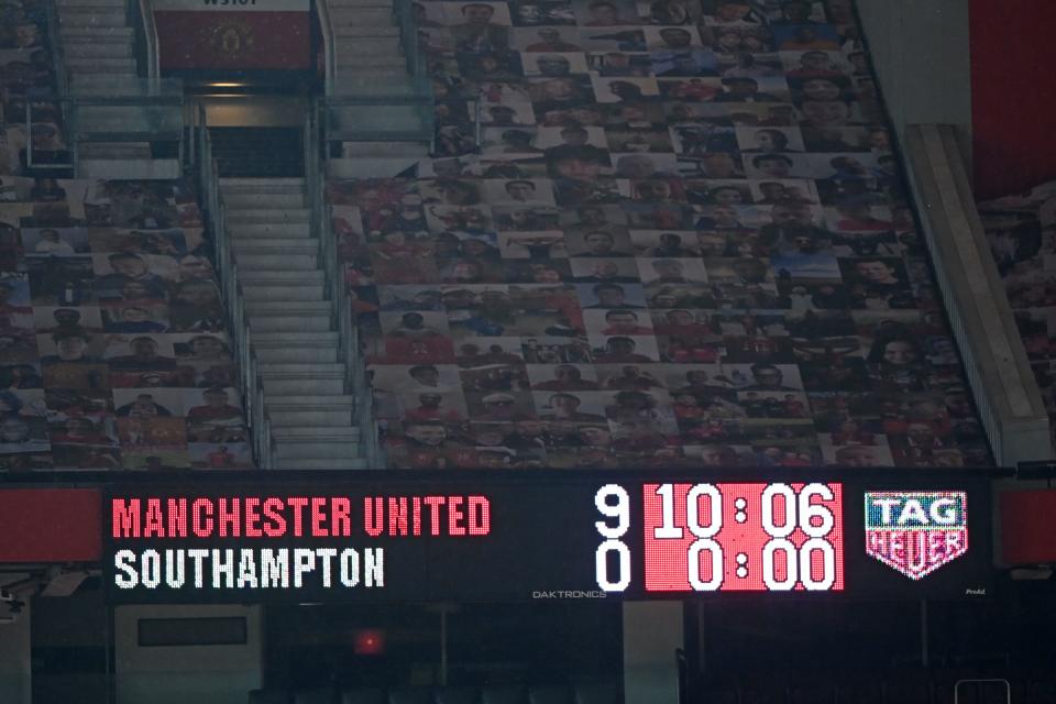 The scoreboard displays the final score after the English Premier League football match between Manchester United and Southampton at Old Trafford in Manchester, north west England, on February 2, 2021.