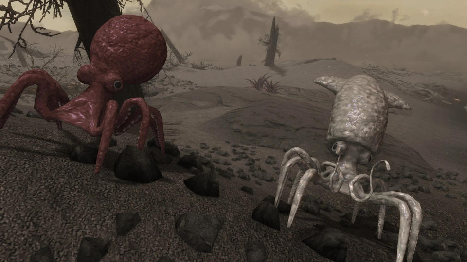 Two squid-like enemies wander the desert in Skyrim.