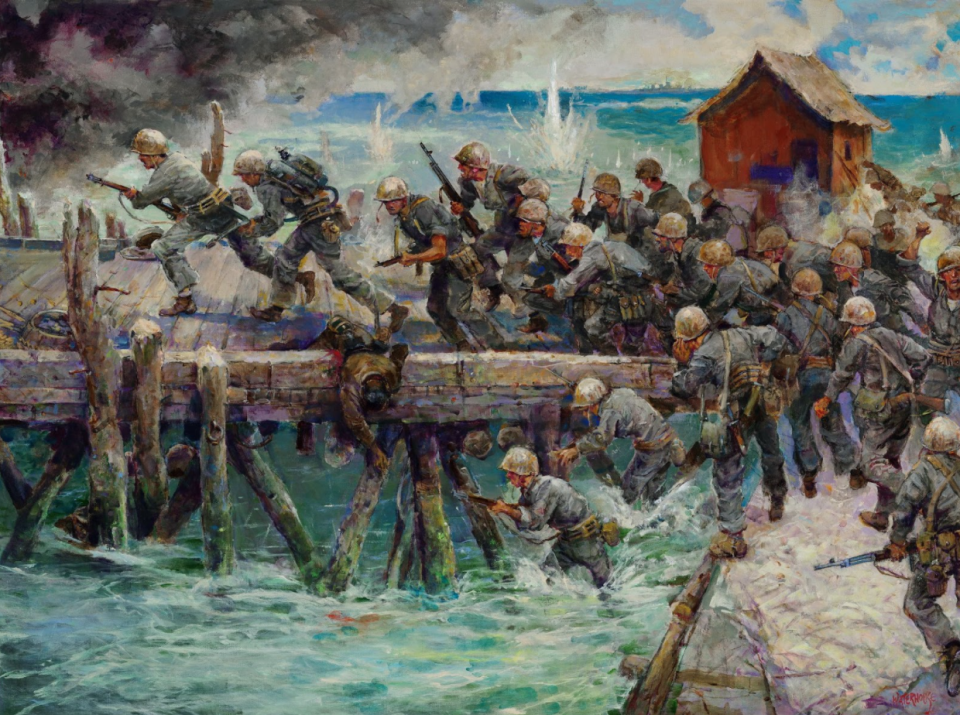 A painting by Charles Waterhouse, who spent the last eight years of his life painting all of the Marine Corps Medal of Honor recipients in action and in portraits.  / Credit: Valor in Action: The Medal of Honor Paintings of Colonel Charles Waterhouse