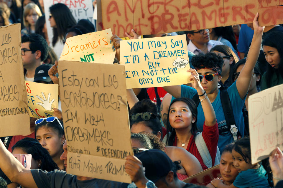 <p>Alliance San Diego and other Pro-DACA supporters hold a protest rally, following President Donald Trump’s DACA announcement, in front of San Diego County Administration Center in San Diego, Calif., Sept. 5, 2017. (Photo: John Gastaldo/Reuters) </p>