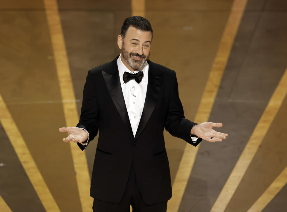 HOLLYWOOD, CALIFORNIA - MARCH 12: Host Jimmy Kimmel speaks onstage during the 95th Annual Academy Awards at Dolby Theatre on March 12, 2023 in Hollywood, California. (Photo by Kevin Winter/Getty Images)