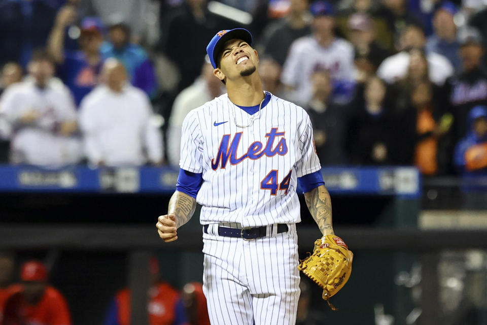 New York Mets relief pitcher Yoan Lopez (44) reacts after hitting Philadelphia Phillies' Alec Bohm during the ninth inning of a baseball game, Sunday, May 1, 2022, in New York. (AP Photo/Jessie Alcheh)