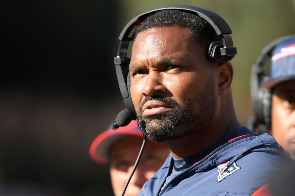 New England Patriots linebackers coach Jerod Mayo during the second half against the New Orleans Saints at Gillette Stadium.