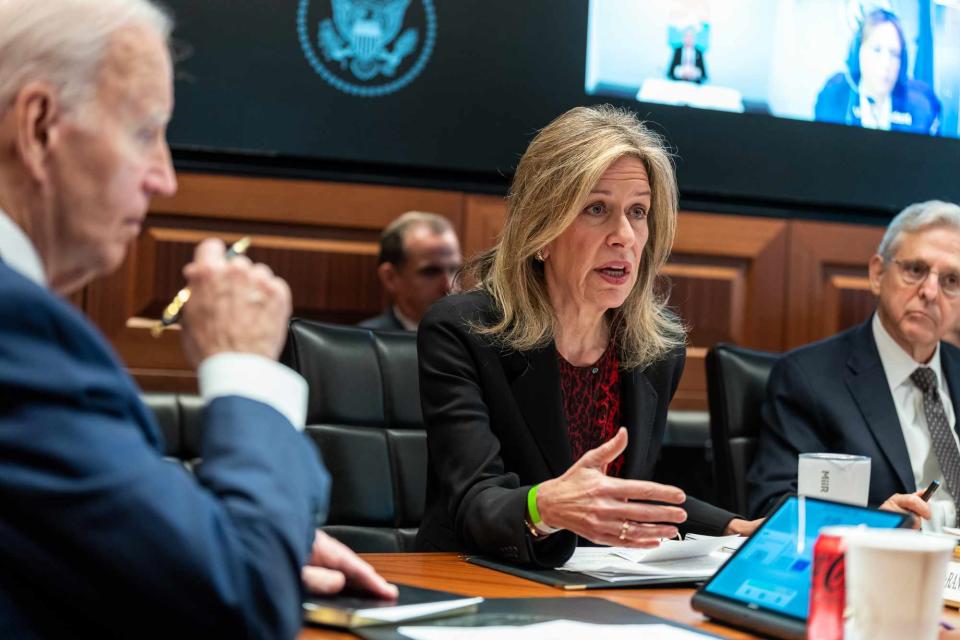 <p>Official White House Photo by Adam Schultz</p> Liz Sherwood-Randall, flanked by Joe Biden and Merrick Garland in the Situation Room, discusses possible domestic terror threats