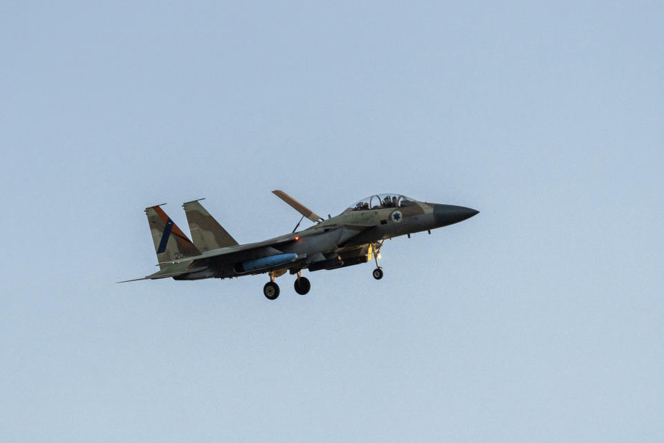 An Israeli air force F-15 warplane is seen before landing in an airbase in central Israel, Monday, April 15, 2024. (AP Photo/Ohad Zwigenberg)