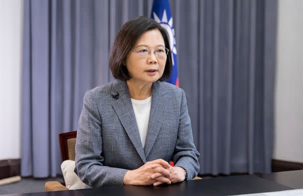 PHOTO: In this photo released by the Taiwan Presidential Office, President Tsai Ing-wen speaks about recent Chinese military drills in Taipei, Taiwan, on April 11, 2023. (Taiwan Presidential Office via AP)
