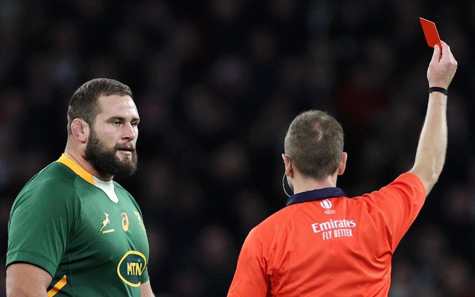 Thomas du Toit of South Africa is shown a red card during the Autumn International match between England and South Africa at Twickenham Stadium - David Rodgers/Getty Images