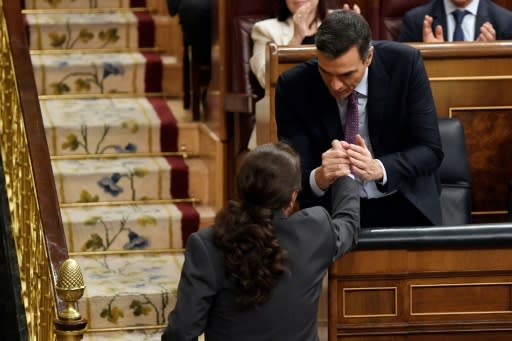 Socialist Prime Minister Pedro Sanchez and pony-tailed Podemos leader Pablo Iglesias are partners in Spain's first coalition government since the 1930s