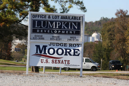 Republican candidate Judge Roy Moore election signs are posted around the Shelby County Alabama area prior to the upcoming U.S. Senate special election against Democrat candidate Doug Jones Calera, Alabama, U.S. November 10, 2017. REUTERS/Marvin Gentry