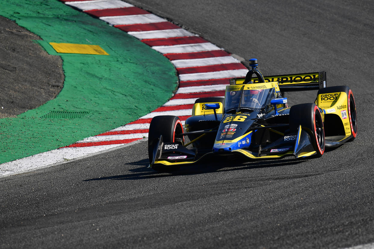 September 9, 2022; Salinas, California, USA; IndyCar Andretti Autosport with Curb-Agajanian driver Colton Herta (26) of United States during practice for the Grand Prix Of Monterey at WeatherTech Raceway Laguna Seca. Mandatory Credit: Gary A. Vasquez-USA TODAY Sports