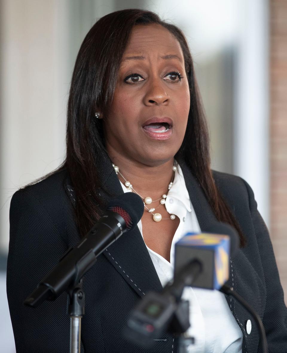 Memphis-Shelby County Schools Board Chair Michelle McKissack speaks during a press conference following a Memphis-Shelby County Schools board special called meeting Wednesday, July 13, 2022, in Memphis. Attendees of the meeting discussed an investigation into Superintendent Joris Ray concerning "allegations of impropriety.” During the meeting, the board voted 7-2 to select an attorney. Ray was also placed on administrative leave. 