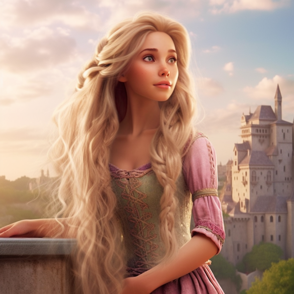 Rapunzel with long hair as a real person next to a castle