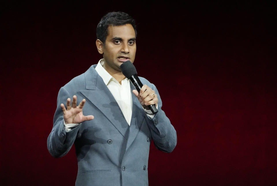 Aziz Ansari, a cast member, writer and director of the upcoming film "Good Fortune," discusses the film during the Lionsgate presentation at CinemaCon 2024, Wednesday, April 10, 2024, at Caesars Palace in Las Vegas. (AP Photo/Chris Pizzello)