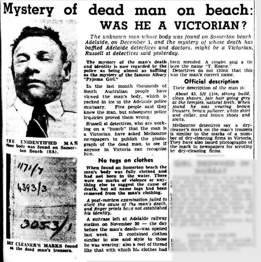 A newspaper article from the Melbourne Argus from January 1949 about the Somerton Man.  Source: National Library of Australia archive 