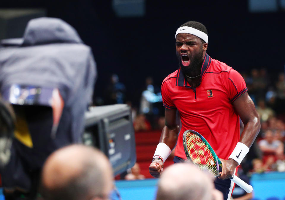 Tennis - ATP 500 - Erste Bank Open - Wiener Stadthalle, Vienna, Austria - October 30, 2021  Frances Tiafoe of the U.S. reacts during his semi final match against Italy's Jannik Sinner REUTERS/Lisi Niesner