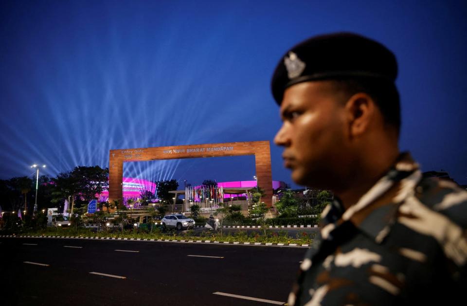 A security officer stands guard in front of "Bharat Mandapam," the main venue of the G20 Summit in New Delhi, India on Sept. 5, 2023.