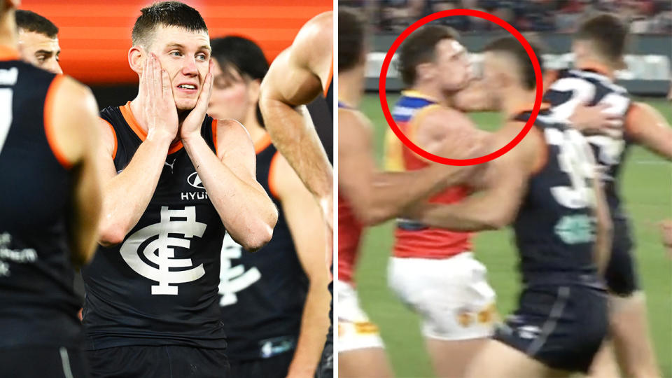 Carlton's Sam Walsh reacts after the siren on the left, with Nic Newman's hit on Lachie Neale highlighted on the right.