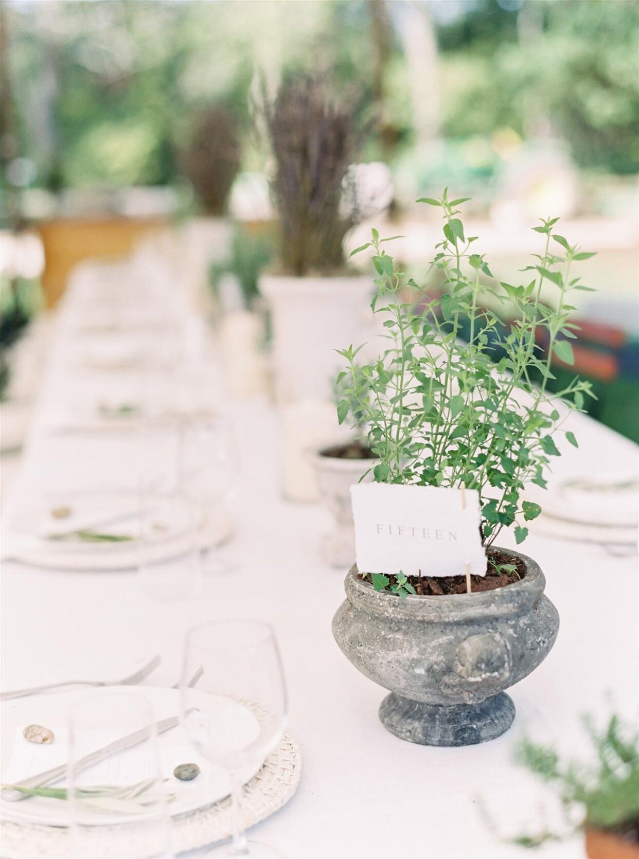 stone pot with plant and table number card at wedding reception