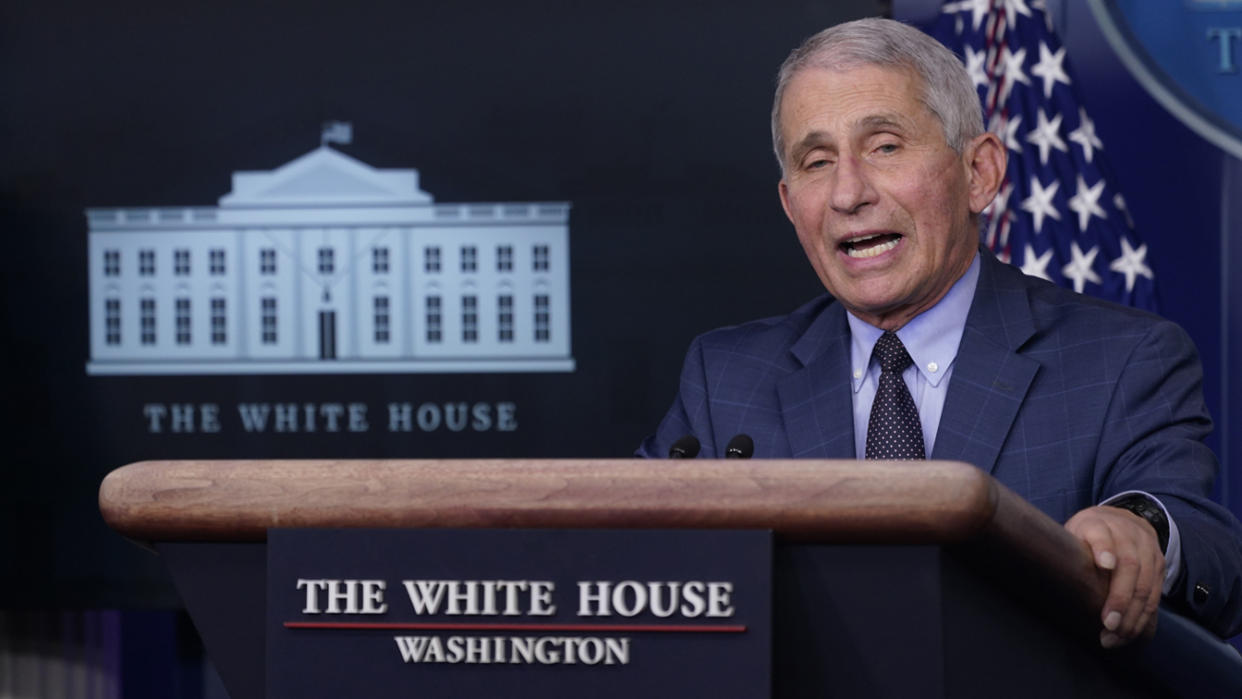 Anthony Fauci, director of the National Institute of Allergy and Infectious Diseases, speaks during a news conference in the White House in Washington, D.C., U.S., on Thursday, Nov. 19, 2020. (Chris Kleponis/CNP/Bloomberg via Getty Images)