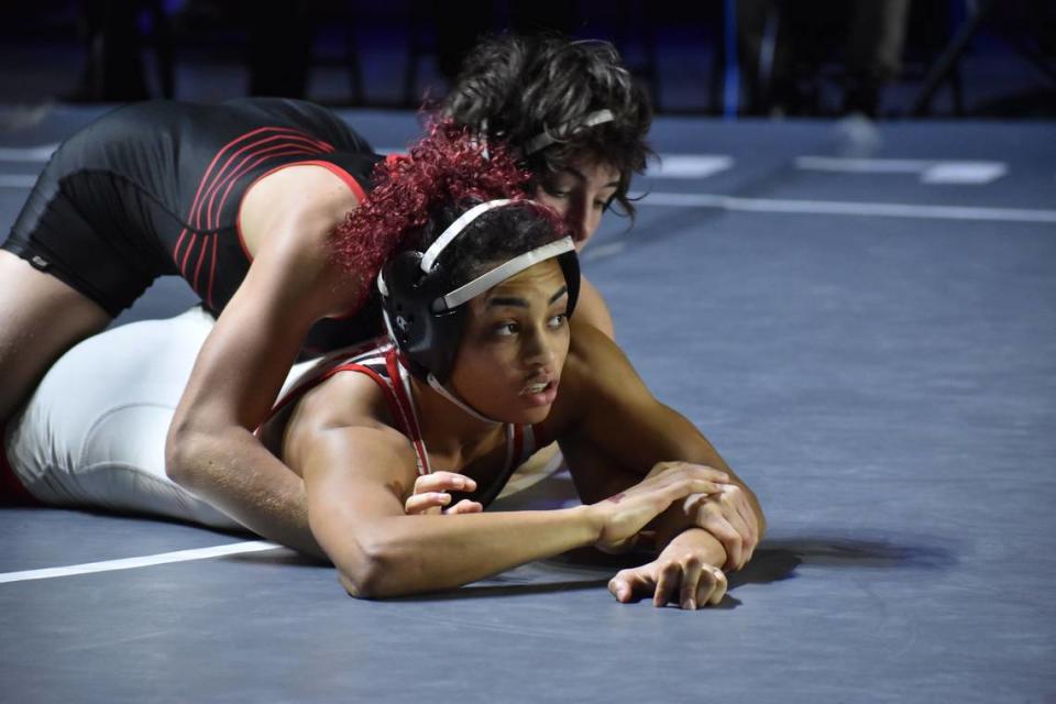 Arlington Martin’s Jania Dunigan competes in the UIL state wrestling championships in Cypress, Texas on Feb. 17, 2024.