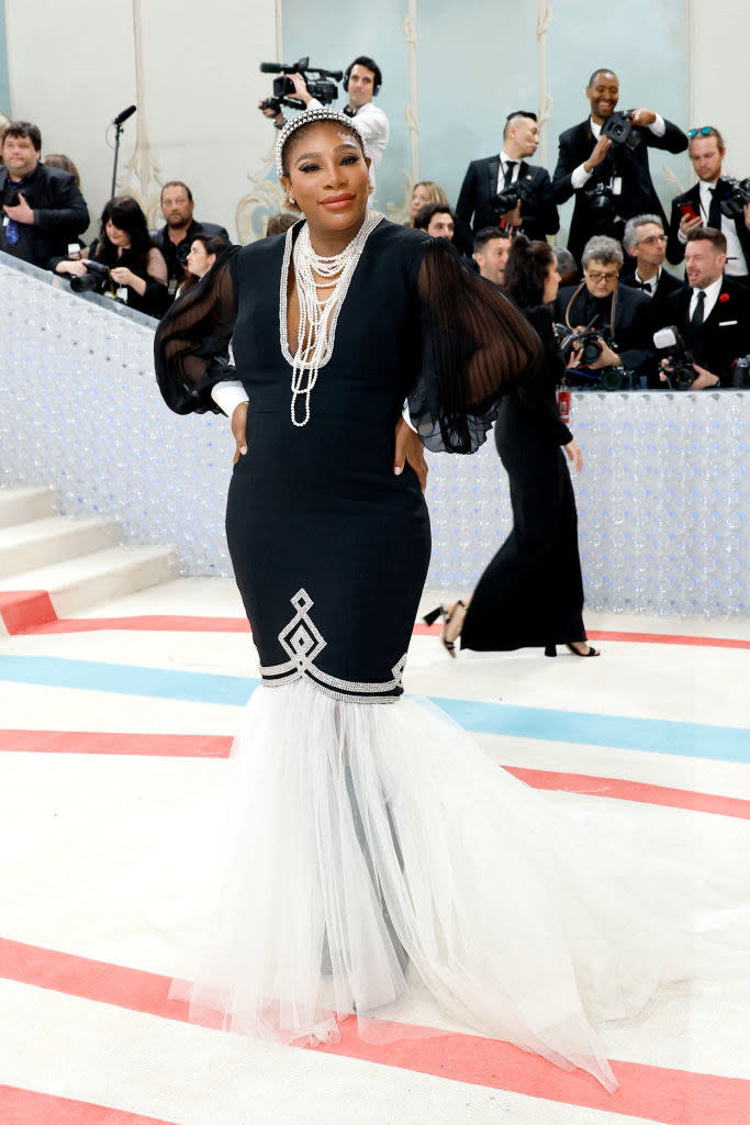 Serena Williams attends The 2023 Met Gala in a black and white gown