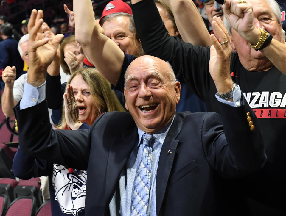 Dick Vitale poses for a picture during a semifinal game of the West Coast Conference basketball tournament. (Getty Images)