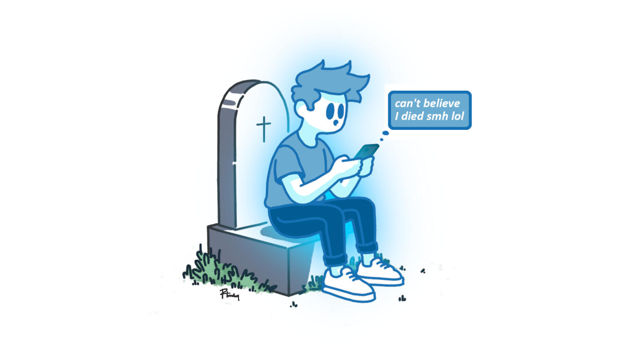  Illustration depicting the digital afterlife industry showing a ghost sitting on a headstone and texting from the afterlife. 