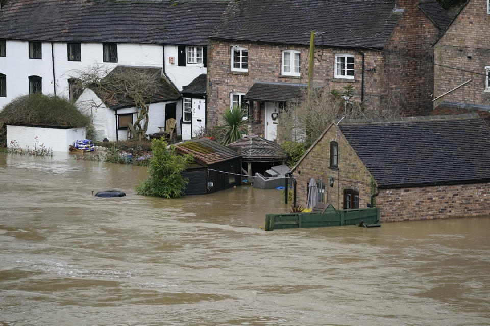 IRONBRIDGE,  - FEBRUARY 18: Homes are flooded on the banks of the River Seven following Storm Dennis on February 18, 2020 in Ironbridge, England. Storm Dennis is the second named storm to bring extreme weather in a week and follows in the aftermath of Storm Ciara. Although water is residing in many places flood warnings are still in place. (Photo by Christopher Furlong/Getty Images)