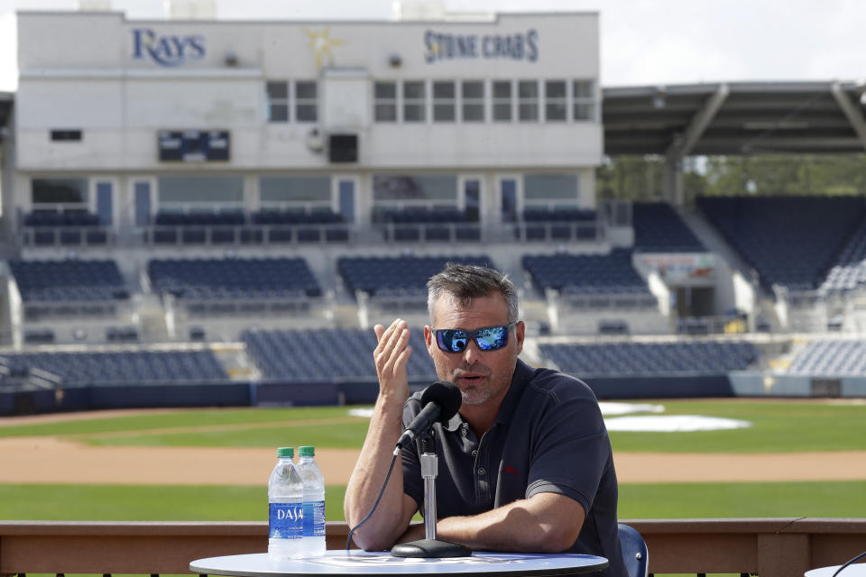 Tampa Bay Rays manager Kevin Cash speaks to the media after pitchers and catcher reported for spring training baseball camp Wednesday, Feb. 12, 2020, in Port Charlotte, Fla. (AP Photo/John Bazemore)