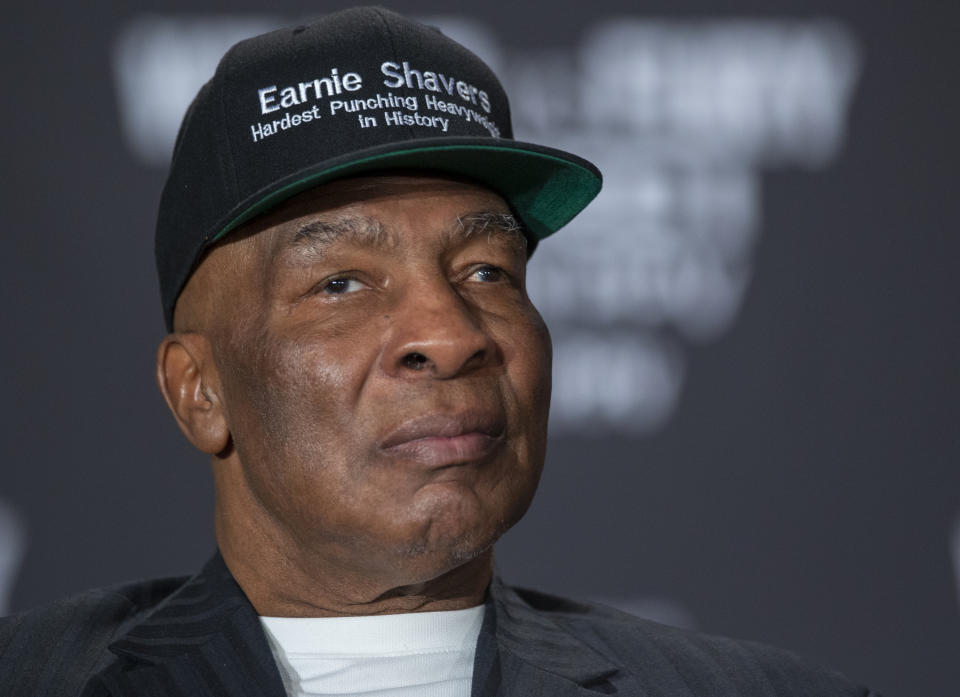 FILE - Former heavyweight champion Earnie Shavers talks to the media at a Heavyweight Legends roundtable in Los Angeles on Nov. 30, 2018. Shavers, whose thunderous punches stopped 68 fighters and earned him heavyweight title fights with Muhammad Ali and Larry Holmes, died Thursday, Sept. 1, 2022. He was 78. (AP Photo/Damian Dovarganes, File)