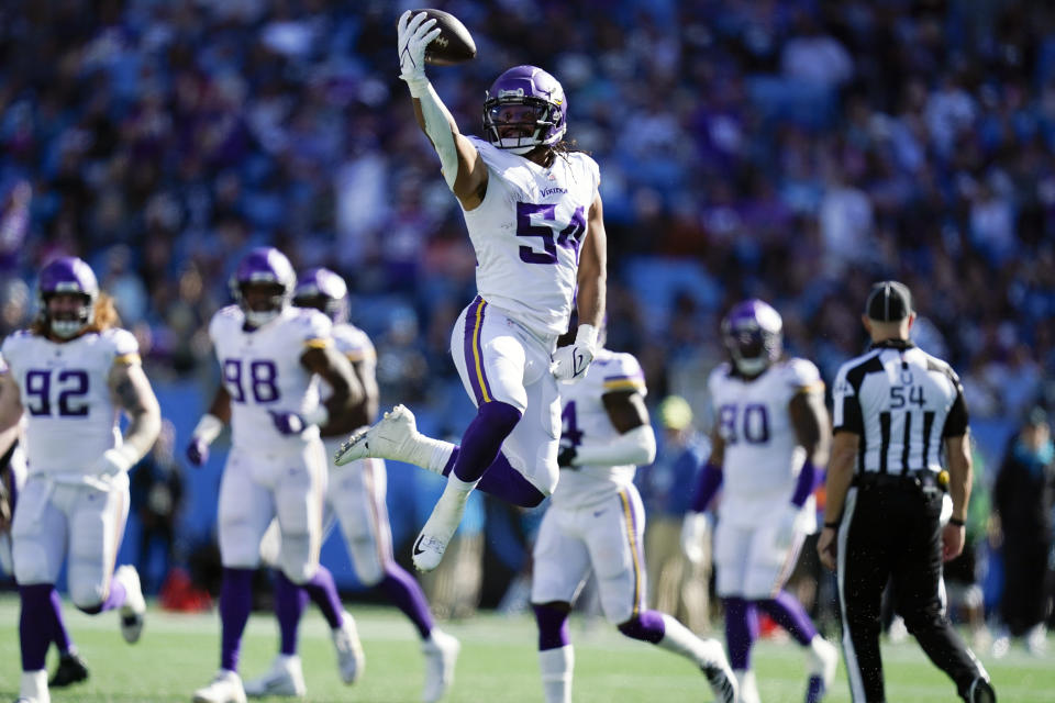 Minnesota Vikings middle linebacker Eric Kendricks (54) celebrates a fumble recovery against the Carolina Panthers during the second half of an NFL football game, Sunday, Oct. 17, 2021, in Charlotte, N.C. (AP Photo/Gerald Herbert)