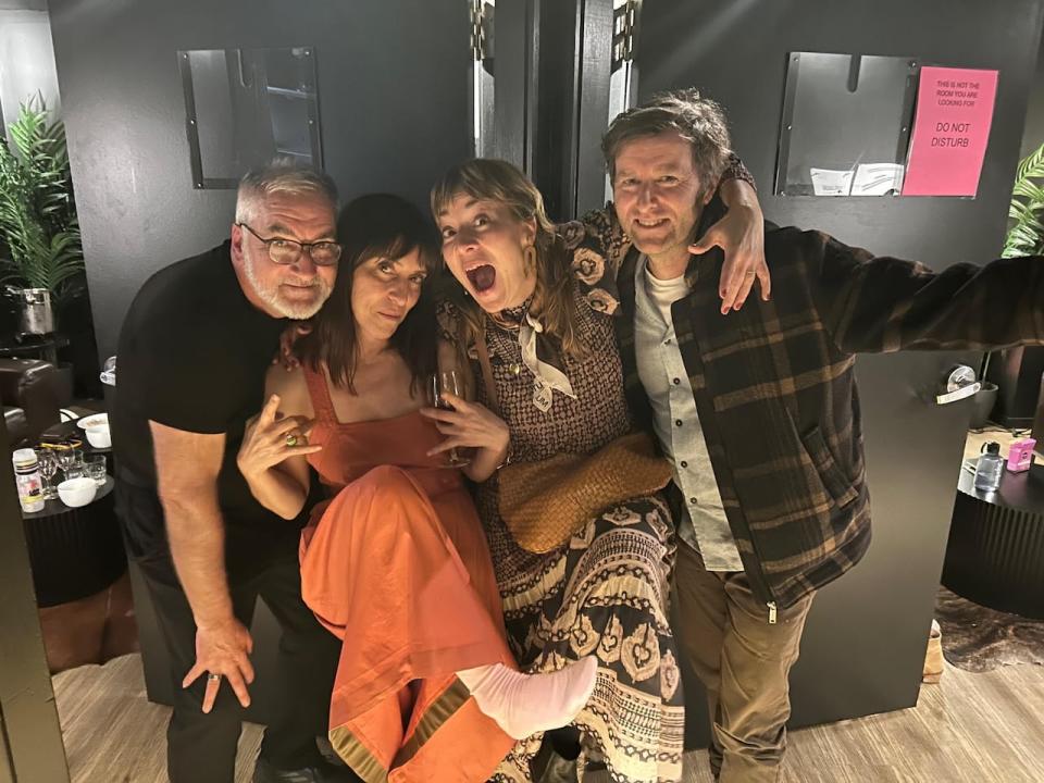 Chip Sutherland, left, Feist, Jill Barber and Grant Lawrence are shown backstage at a Feb. 14, 2024, Feist concert in Vancouver.
