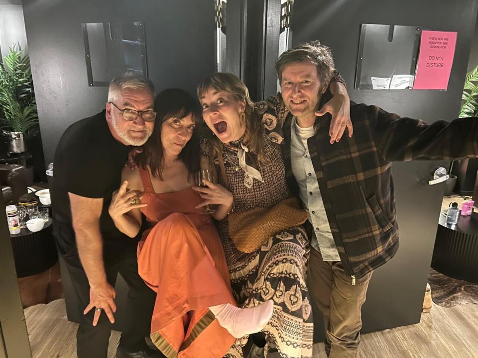 Chip Sutherland, left, Feist, Jill Barber and Grant Lawrence are shown backstage at a Feb. 14, 2024, Feist concert in Vancouver.