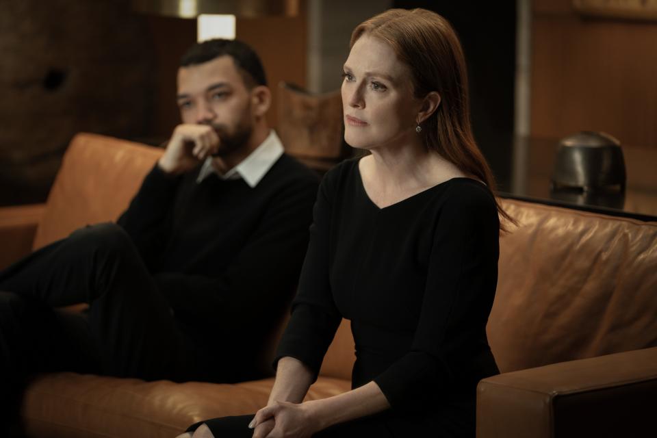 Julianne Moore (with Justice Smith) stars as a con artist who takes on Manhattan's most powerful billionaires in "Sharper," a twisty neo-noir thriller also featuring John Lithgow and Sebastian Stan.