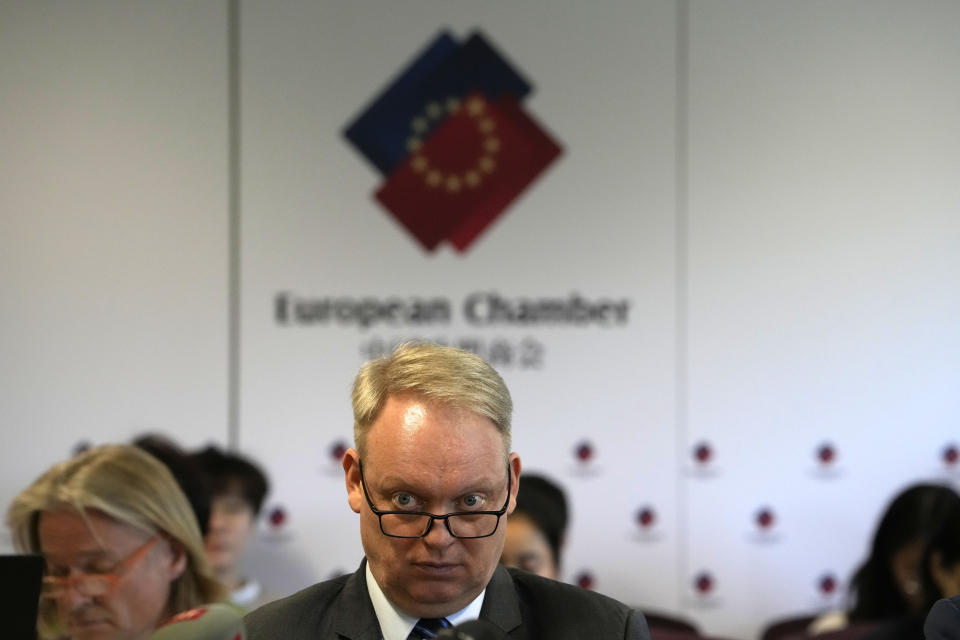 Jens Eskelund, president of the European Chamber attends the launch of the European Business in China: Business Confidence Survey in Beijing, Wednesday, June 21, 2023. Foreign companies are shifting investments and their Asian headquarters out of China as confidence plunges following the expansion of an anti-spying law and other challenges, the business group said Wednesday. (AP Photo/Ng Han Guan)