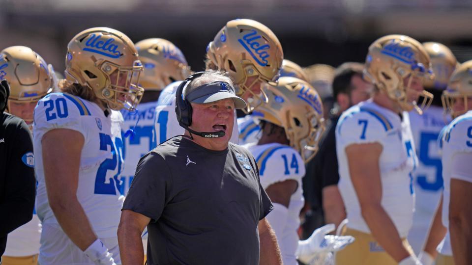 FILE - UCLA head coach Chip Kelly looks on from the sidelines during the first half of an NCAA college football game against Utah, Saturday, Sept. 23, 2023, in Salt Lake City. Chip Kelly has informed UCLA officials that he is stepping down as coach of the Bruins, a person with direct knowledge of the decision told The Associated Press on Friday, Feb. 9, 2024.(AP Photo/Rick Bowmer, File)