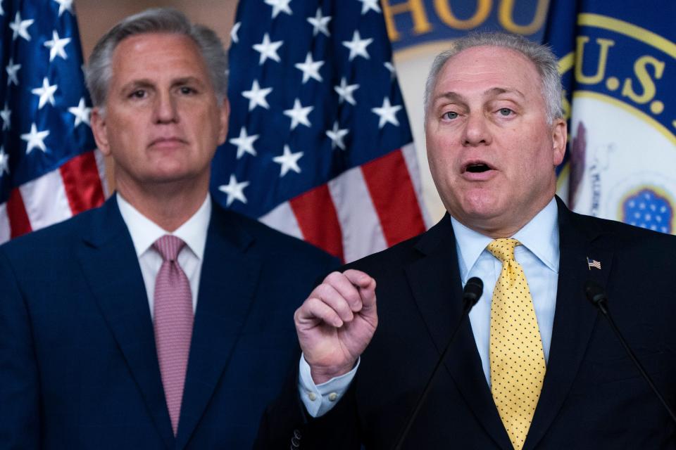 House Minority Leader Kevin McCarthy, R-Calif., left, and House Minority Whip Rep. Steve Scalise, R-La., have not said whether they will support the Senate's bipartisan gun deal.