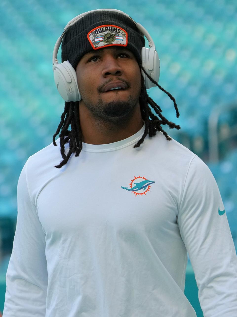 Nov 28, 2021; Miami Gardens, Florida, USA; Miami Dolphins wide receiver Jaylen Waddle (17) walks on the field prior to the game against the Carolina Panthers at Hard Rock Stadium. Mandatory Credit: Jasen Vinlove-USA TODAY Sports