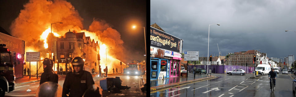 LONDON, ENGLAND - JULY 23: In this composite image (Left Photo) Firefighters battle a large fire that broke out in shops and residential properties in Croydon on August 9, 2011 in London, England. (Right Photo) The scene in Croydon, one year on from the riots. August 6th marks the one year anniversary of the England riots, over the course of four days several London boroughs, and districts of cities and towns around England suffered widespread rioting, looting and arson as thousands took to the streets. (Dan Kitwood/Peter Macdiarmid/Getty Images)