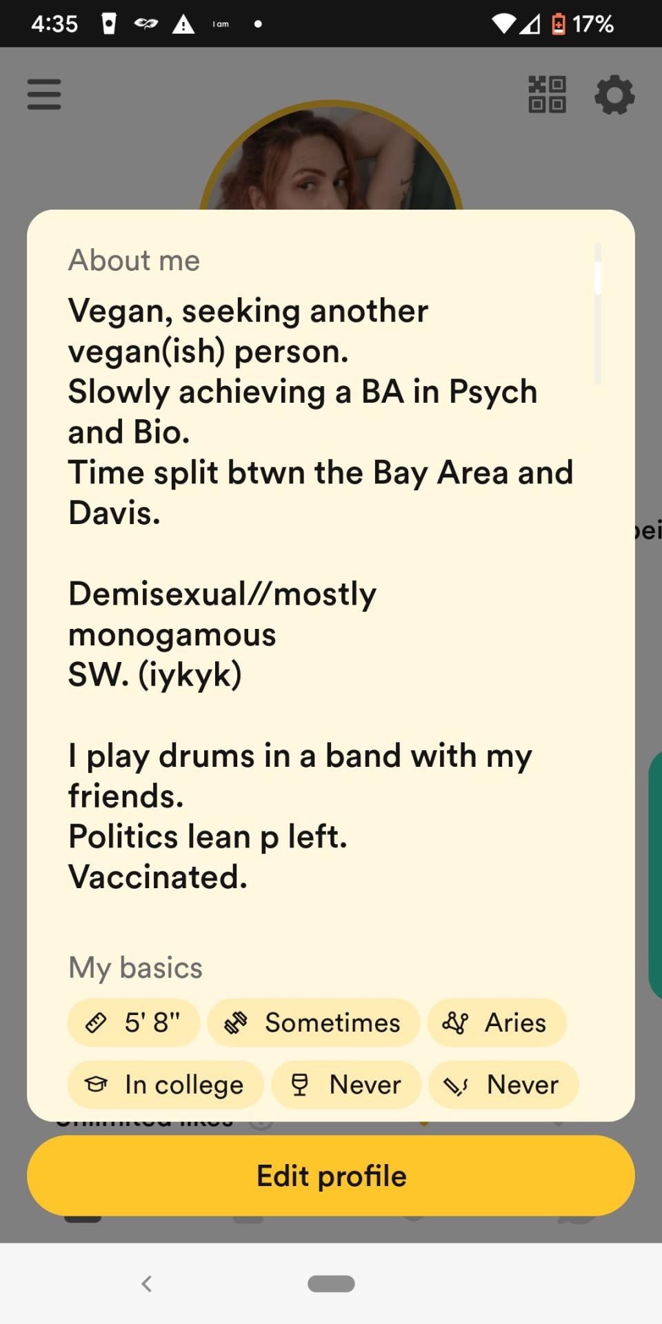 A screenshot of a person's dating profile.