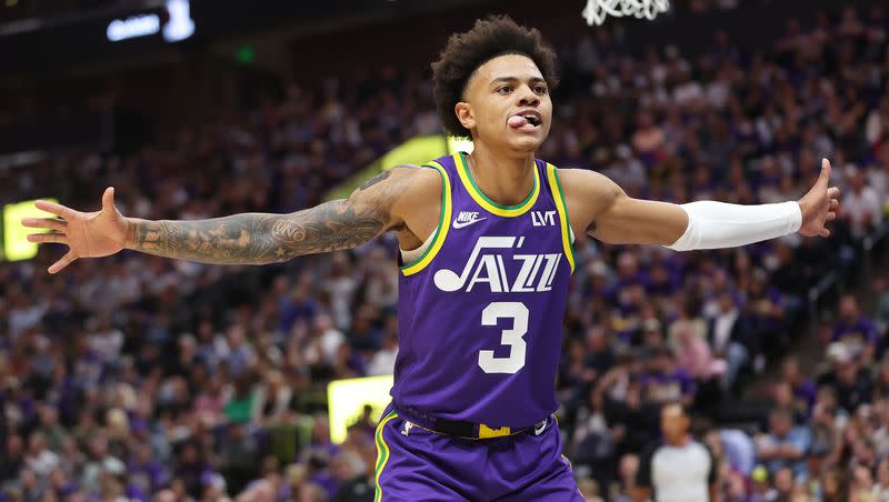 Utah Jazz guard Keyonte George defends an inbound pass against the Sacramento Kings in Salt Lake City on Wednesday, Oct. 25, 2023.
