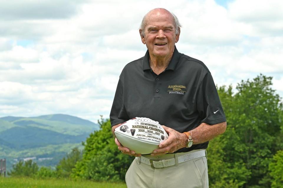 Former Appalachian State University head football coach Jerry Moore, 84, near his home in Boone. Of how to say the school’s name, Moore said: “Now I’m not an App State guy. I’m an Appalachian State guy. They took me in a room after they hired me here and made me learn how to pronounce ‘Appalachian State.’”