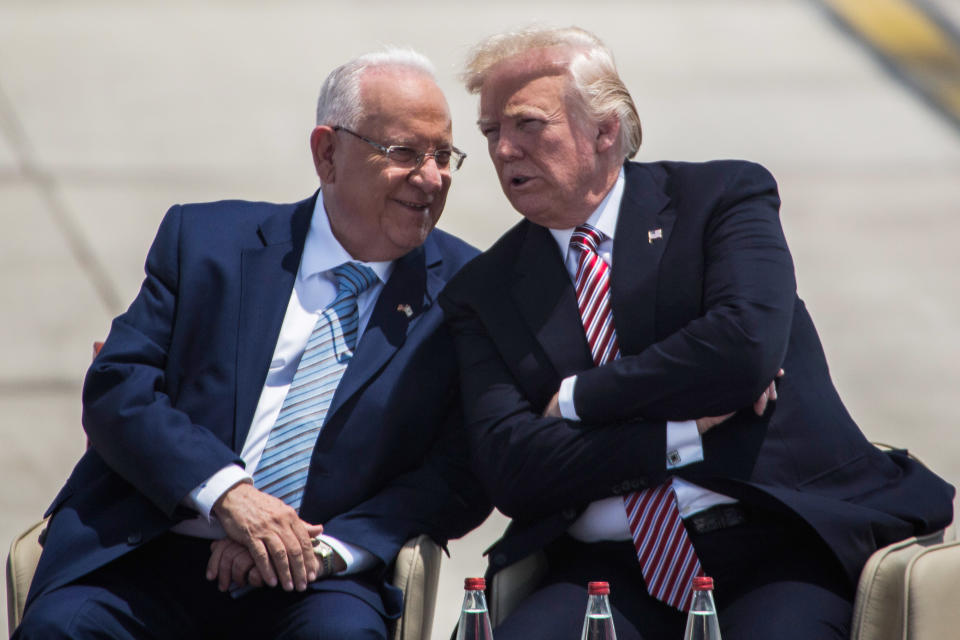 Trump and Israeli President Reuven Rivlin speak during a welcome ceremony at Ben Gurion International Airport on May 22, 2017, near Tel Aviv.