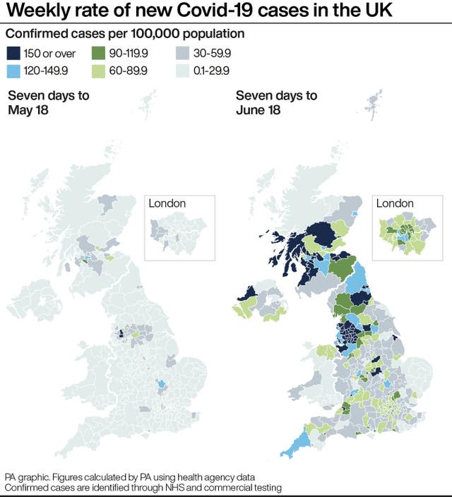 Weekly rate of new Covid-19 cases in the UK